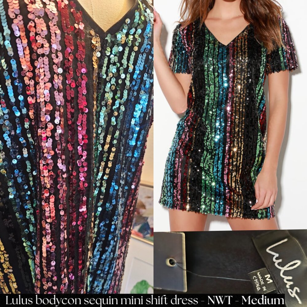 NWT Lulus Multi Color Striped Sequin Mini Shift Dress Rainbow PRIDE